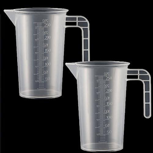2 Stück Messbecher Kunststoff Set Mit Griff und Gramm Skala 250ml, Hitzebeständig Präzisions Messbecher für Waschmittel, Küche, Labor, die Autopflege feine Skala Lebensmittelecht 0.25L (Transparent)