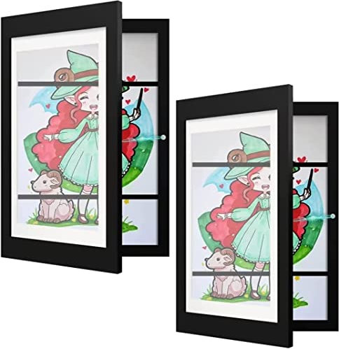 Atildp 2 Stück A4 Bilderrahmen 21x30cm, Bilderrahmen Kinderzeichnungen hölzerner Fotorahmen | Befüllbarer Klapprahmen zur Aufbewahrung & Darstellung von Kunstwerken (Schwarz, 2 STÜCK)