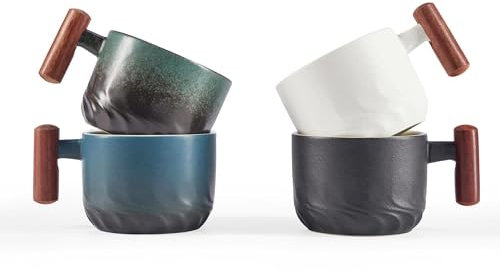 CLASGLAZ 170ml Ceramic Espresso Mugs with Wooden Handle, Demitasse Cups for Latte Cappuccino, Tea Cups Set of 4 Assorted Color