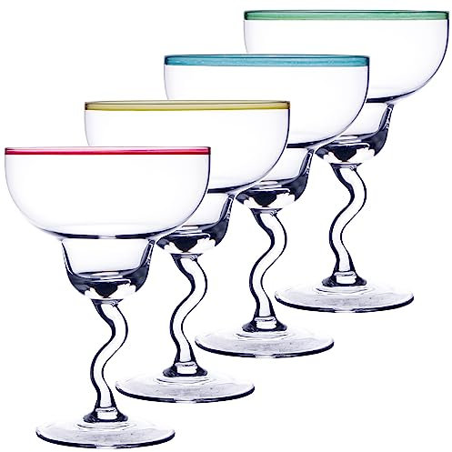 Chefcaptain COLOR Margarita Hand Blown Margarita Glasses, Cocktail Glasses Set Of 4 Borosilicate Beverage Vessels With Color Rim, Blown Glass PACK OF 4, 14.5 Ounces (Glass)