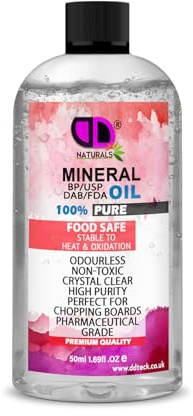 DD Teck 100% Pure Food Grade Mineral Oil - Chopping Board & Butcher Block Conditioner for Wood Cutting Boards, Countertops & Kitchen Tools - Clear, Odourless Wood Protection (50ml Cap)