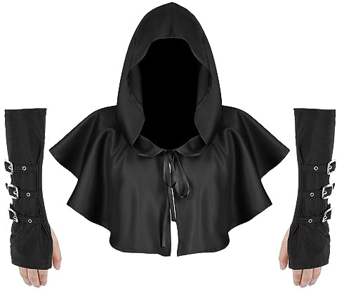 TAGVO Mens Womens Mittelalter Cape Hood Vintage Gothic Cowl Hut, Kurze Kapuzenumhang, Steampunk-Fingerlose Handschuhe mit Metallschnallen, Halloween Mit Kapuze Umhang Viking Cosplay Zubehör
