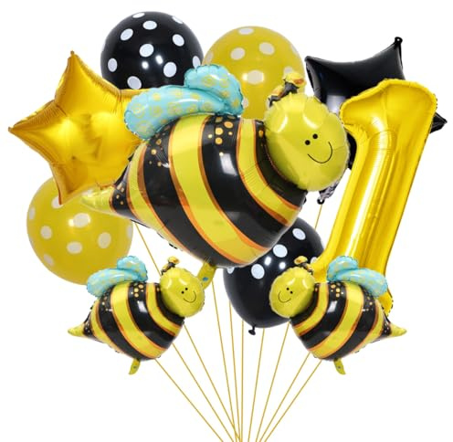 SNOWZAN Bienen Geburtstagsdeko 1. Geburtstag Mädchen Junge - Luftballons, Folienballon, Zahlen Ballon Zahl 1 - Gelb Deko für Kinder Bee Party