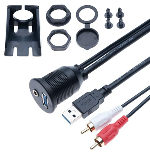 USB 3.0 & 3,5 mm AUX RCA Stecker Kabel zu USB 1M und Audio Stereo Buchse Armaturenbrett Einbau Unterputzmontage Verlängerungskabel für Auto, Fahrrad, Motorrad, Boot, LKW Anhänger 1 Meter