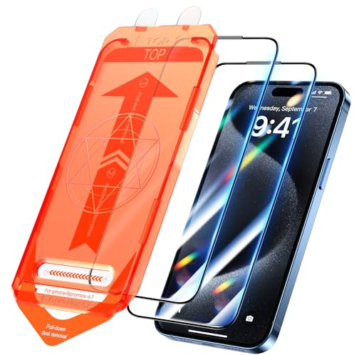 UniqueMe Pellicola Protettiva per iPhone 15 Pro Max, 2 Pezzi per iPhone 15 Pro Max Pellicola Vetro Temperato, Auto Guarigione, Rimozione Automatica Della Polvere, Installazione Facile e Veloce