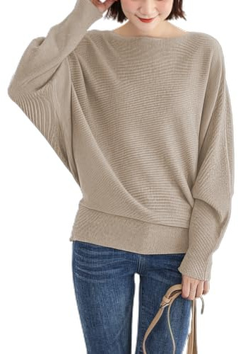 Qin Derdom Mujeres Cuello Barco Manga Batwing Dolman Jersey de Punto Ligero Otoño Invierno Suéter Tops