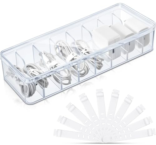 Tatuo 1 Pcs Cable Organizer Box with Wire Ties, Plastic Cord Storage Box with Lid, Electronics Organizer for Home Office Desk Organizers and Accessories (Clear)