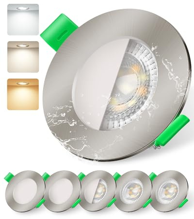 ALUSSO LED Einbaustrahler 230V Dimmbar | 68–75 mm IP44 6W 540lm, 3000K Warmweiß 4000K Neutralweiß 6500K Kaltweiß für Badezimmer Küche, Höhe 2,5 cm, Nickel, 6er Set