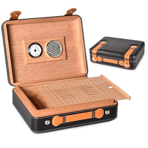 SaiDuoDuo Caja de madera para puros, caja de puros de cuero de viaje de madera de cedro, humidores de cigarros portátiles para 15-30 cigarros en higrómetro,Negro