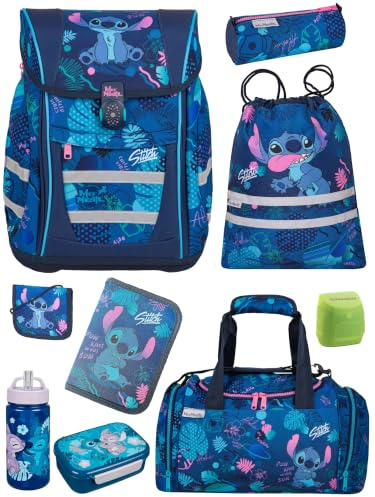 Familando - McNeill Teneris Schulranzen Set - 9-teilig mit Lunch-Set - Stitch - Ergonomisch & Verstellbarer Brustgurt - 980g leicht mit 18L Volumen & Reflektoren - Für Grundschule ab 1. Klasse