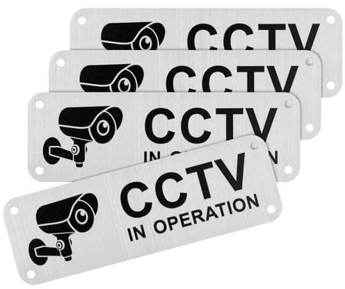 JIZZU 4Pcs Mini CCTV in Operation Sign 15cm x 5cm, CCTV Signs Outdoor Indoor Waterproof Security CCTV Signage Warning Signs Self Adhesive Sticker Safety Sign for Door Wall or Window