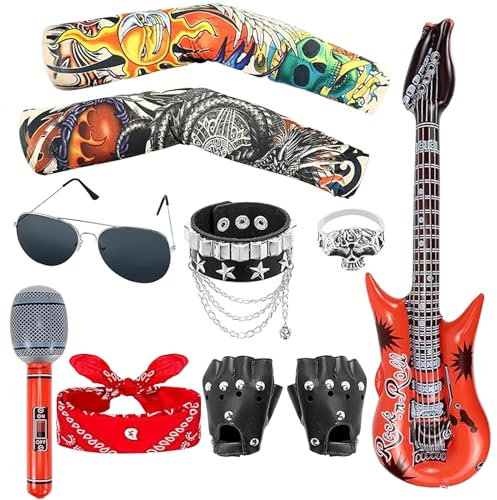 Benaewa 10 Pcs Rockstar Fancy Dress Kids, Heavy Metal Rock Star Costume Set for Women Men Halloween 80s Disco Party