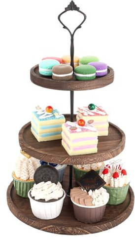 YAYODS Alzata in legno – Alzata a 3 piani nero – altezza 38 cm – supporto rotondo per muffin – Alzata per torte – Alzata per Natale – Alzata grande per frutta, snack, biscotti, tè pomeridiano