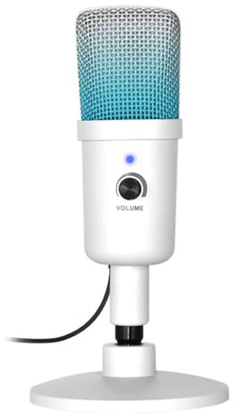 fesoklaf Micrófono USB para PC, micrófono con cancelación de ruido con control de volumen, micrófono RGB para juegos, giratorio y ajustable para grabación en streaming, podcasting (blanco)