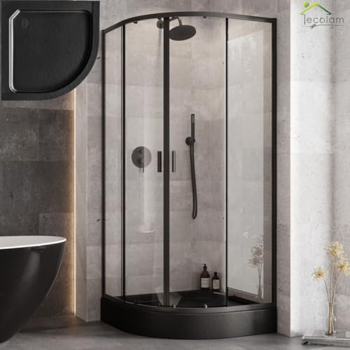 ECOLAM Duschkabine Zarya 90x90x190 + Duschwanne Alex Steineffekt Klarglas | Duschset Duschabtrennung Echtglas Viertelkreis Schiebetüren transparent pflegeleicht + R55 Dusche Schwarz stone effect