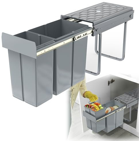 HENGMEI Poubelle encastrable - Poubelle de cuisine - Système de tri sélectif extensible - Avec rails télescopiques - Gris - 1 x 20 l + 1 x 10 l