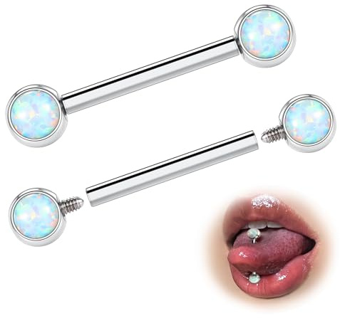 ESHIONER G23 Titan Zungenpiercing Nippelpiercing Brustwarzenpiercing Piercing Zunge 14G 14mm 4mm Opal Gerade Barbell Piercing 2Stück