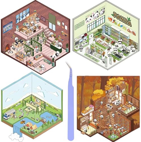 WUSJCOF 4Pcs DIY 3D House Stickers, 3D Miniatur Haus Sticker, DIY-Aufkleber, Sticker Scenes Selbermachen für Supermarkt, Café, Restaurant (für Erwachsene und Kinder)