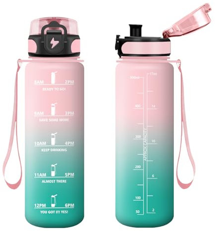 Vikastar VK-TY-SDZYG-500ML-JB-Pink-Cyan, 500ml/1000ml/1500ml Borraccia con Cannuccia, Senza BPA Unisex-Youth, Rosa & Turchese, 500 ml
