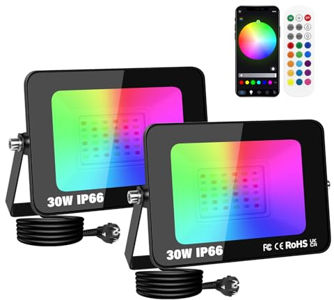 SKYWORLD 2x Foco LED RGB Exterior, 30W 3000 LM Proyector Led RGBW Colores | con Enchufe, APP Remoto Control, Multicolor, Minutero, Impermeable, Iluminación para Fiesta Terraza Jardin Decoración