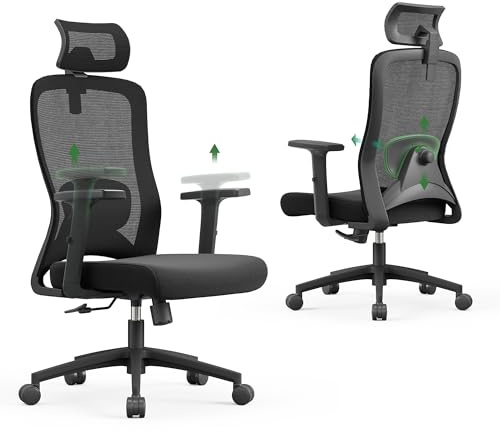CALIYO Sammy Bürostuhl Ergonomisch, Schreibtischstuhl mit Verstellbarer Kopfstütze, Armlehnen, Lendenstütze und Wippfunktion – Atmungsaktiver Mesh-Drehstuhl, Gamingstuhl, Bürostuhl 150 kg, Schwarz