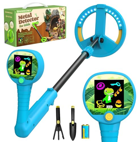 Greenrex Détecteur de Métaux Enfant, pour Enfants 3–12 Ans, écran LCD 6CM, alertes Audio/lumière, Hauteur réglable 59–82CM, détection précise 10CM, 470g, pour extérieur, Cadeau Anniversaire/Noël.