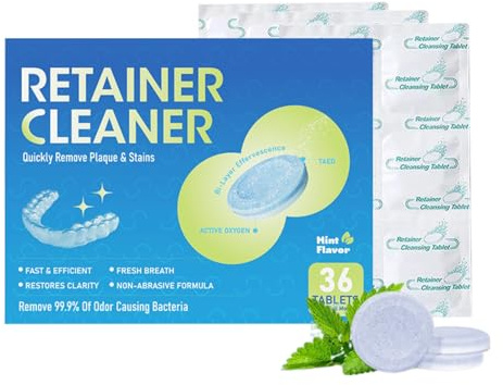 Denture Cleaning Tablets - Retainer Cleaner & Aligner Cleaner Tablets -Freshens and Cleans Dentures, Retainers, Mouth Guards by Removing Stains & Odour - 36 Tablets 1 Month Supply - Mint Flavor
