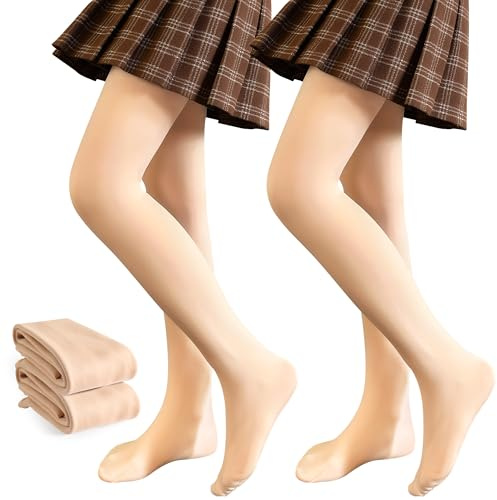 JinBei Collants Thermique Fille, Collant Opaques Chaud Polaire Extensible Taille Haute Enfant Leggings avec Pieds Doux Confortable Lot de 2 Couleur Chair pour Ballet Sport École, 8-10 ans