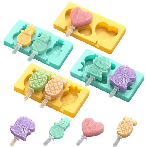 Lot de 4 moules à sucettes glacées en forme de dinosaure, ananas, cœur, bonhomme neige, avec bâtons et couvercle, en silicone qualité alimentaire, mignon pour bébé pour l'été, couleur aléatoir