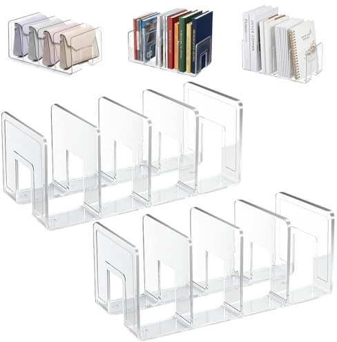 ASOUUNLD 2 Pièces Porte Revue en Acrylique Transparent, 4 Compartiments Organiseur de Fichiers pour Livre Séparateur de Sac à Main pour Bureau, Classe, Chambre, Bibliothèque, Cuisine