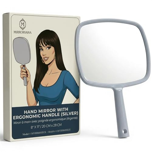 MIRORVANA Handspegel med ergonomiskt handtag – handspegel för make-up, hårklippningar hemma, tand- och frisöranvändning, 20,3 x 27,9 cm (silver)