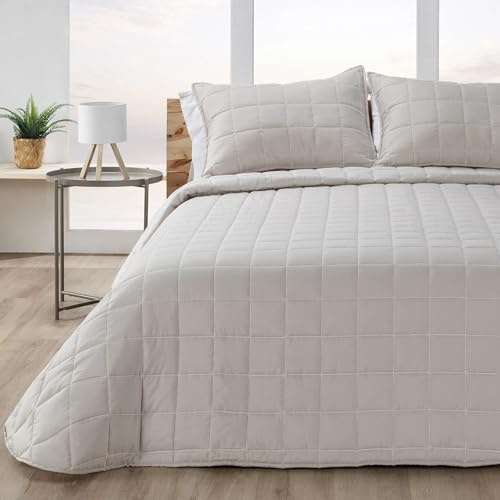 Edredón Duvet Manterol Amber – Acolchado Cuadros Moderno, Suave y Ligero – Confort y Estilo para Dormitorio – Incluye Fundas de Cojín (Beige, 150 cm)