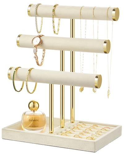 Josmimic Organizador de Joyas 3 Niveles - Grande Expositor Beige para Pulseras, Expositor con Barra en T Extraíble, Soporte de Terciopelo para Pulseras, Collares, Relojes y Anillos
