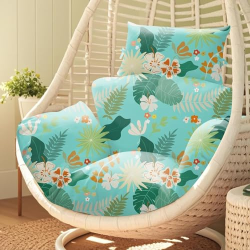 joomie Waterproof Egg Chair Cushion Replacement 119x79x13 cm Thicken Hanging Egg Swing Chair Cushion Indoor Outdoor Wicker Rattan Hammock Basket Cushion with Headrest Pillow, Teal Floral 26