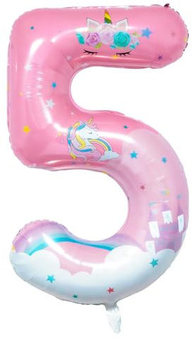 Unicorn Birthday Decorations, 40inch Unicorn Number 5 Balloons for Rainbow Unicorn Party Supplies (5)