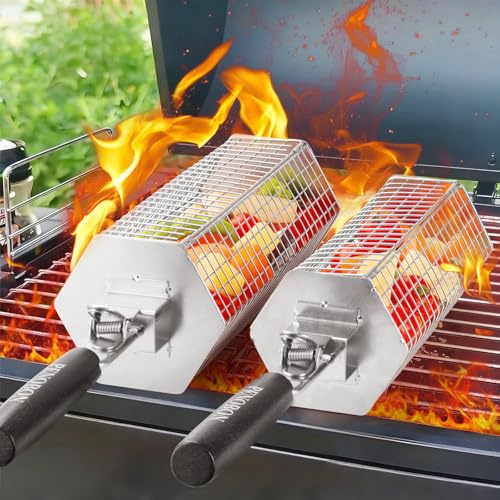 2er Set Drehbarer Sechseck Grillkorb, 304 Edelstahl BBQ Korb mit Holzgriff, Grillzubehör für Fleisch Fisch Gemüse Camping Garten