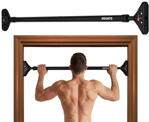 Squatz Doorway Pull Up Bar, Adjustable 45-55 Door Frame Pull Up Bar with Level Meter, Locking Mechanism & Foam Grips, No Drill Chin Up Bar for Door Frame, Portable Design for Home Workouts