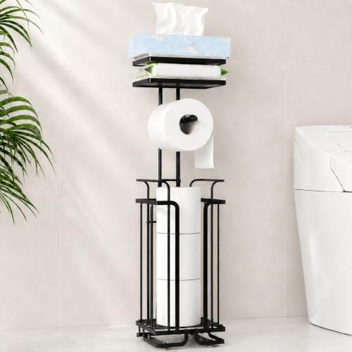 THKVESN Free Standing Toilet Roll Holder with Shelf, Black Toilet Paper Holder Stand Holds 4 Rolls, Toilet Paper Storage with Wooden Shelves, Rustproof Toilet Tissue Holder for Bathroom