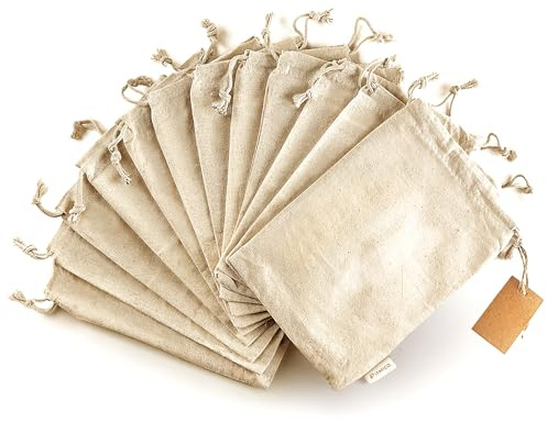 Leafico Organic Cotton Reusable Produce Bags - Small 13x18 cm -12 Pcs Biodegradable Eco-Friendly Bulk Bin Bags for Food - Cloth Bags - Fruit Vegetable Storage - Drawstring Pouch - Produce Linen Bag