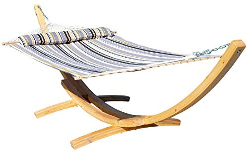 ALEOS. Ass 410cm XXL Hängemattengestell Natur-Filled Edition GRAU Hängematte mit Gestell aus Holz Lärche mit Stabhängematte (GEPOLSTERT) inkl. Kopfkissen