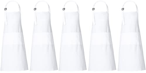 RAJRANG 100% Cotton White Apron with 3 Pockets Chef Restaurant Kitchen BBQ Backing Cooking Painting and Crafting Aprons Pack of 5