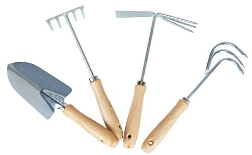 BURI kleine Gartengeräte Set Gartengeräte-Set 4tlg. Blumenkelle Grubber Rechen Doppelhacke Schaufel Harke Hacke kleine Gartenwerkzeuge Set Gartenarbeit Garten Werkzeug aus Metall mit Holzgriff