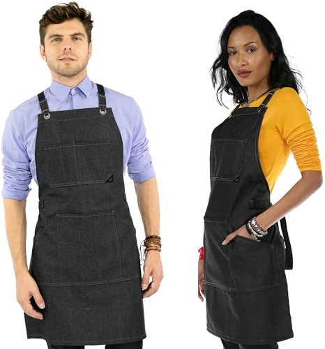 Under NY Sky Essential Apron - Cross-Back with Durable Twill or Denim and Leather Reinforcement (Black Denim)