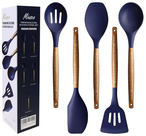 Miusco Silicone Cooking Spoon Set, Non-Stick Silicone Kitchen Utensils Set, 5 Pieces, Kitchen Utensil Set with Acacia Hardwood Handle, Blue, BPA-Free, Silicone Kitchen Utensils Set for Baking &