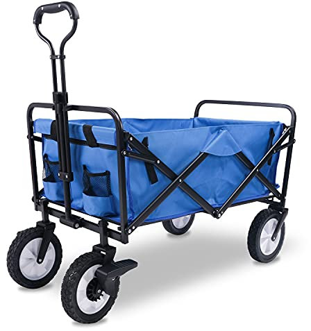 EUOSEN Faltbarer Bollerwagen, Handwagen, Transportwagen, Gartenwagen, mit Teleskopgriff, 360° Räder mit Bremse, Belastbar bis 90kg, Blau