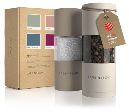 LARS NYSØM Set de Molinillos de Sal y Pimienta en Acero Inoxidable con Mecanismo de Cerámica Ajustable 2 Piezas I Set de Molinillos de Especias de Diseño Manual (Brown/Beige)