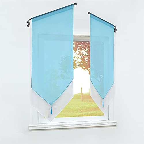 SCHOAL Scheibengardine mit Tunnelzug Bistrogardine Modern Küche Gardinen Voile Transparent Panneaux Vorhänge Blau BxH 60x120cm 1 Stück
