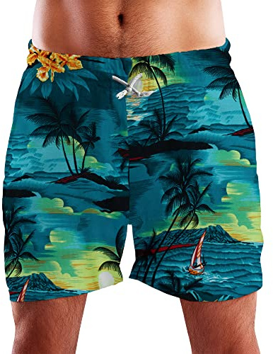 King Kameha Funky Hawaii-badshorts badbyxor nätinsats herr stängning dragsko casual lysande färger surfing palmer design, Shorts surf petrolgrön, L