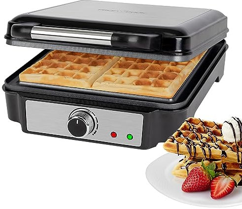 ProfiCook® PC-WA 1241 - Piastra per waffle belghe con 4 superfici di cottura, piastra per waffle belga, superficie di cottura antiaderente | grado di doratura regolabile | acciaio inox | 1200 Watt |