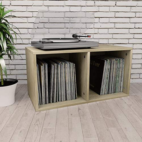 Susany Schallplatten-Aufbewahrungsbox mit 2 Fächern Box Aufbewahrung Kasten Schallplatten Sammlung Regal Holzwerkstoff Sonoma Eiche 71x34x36 cm